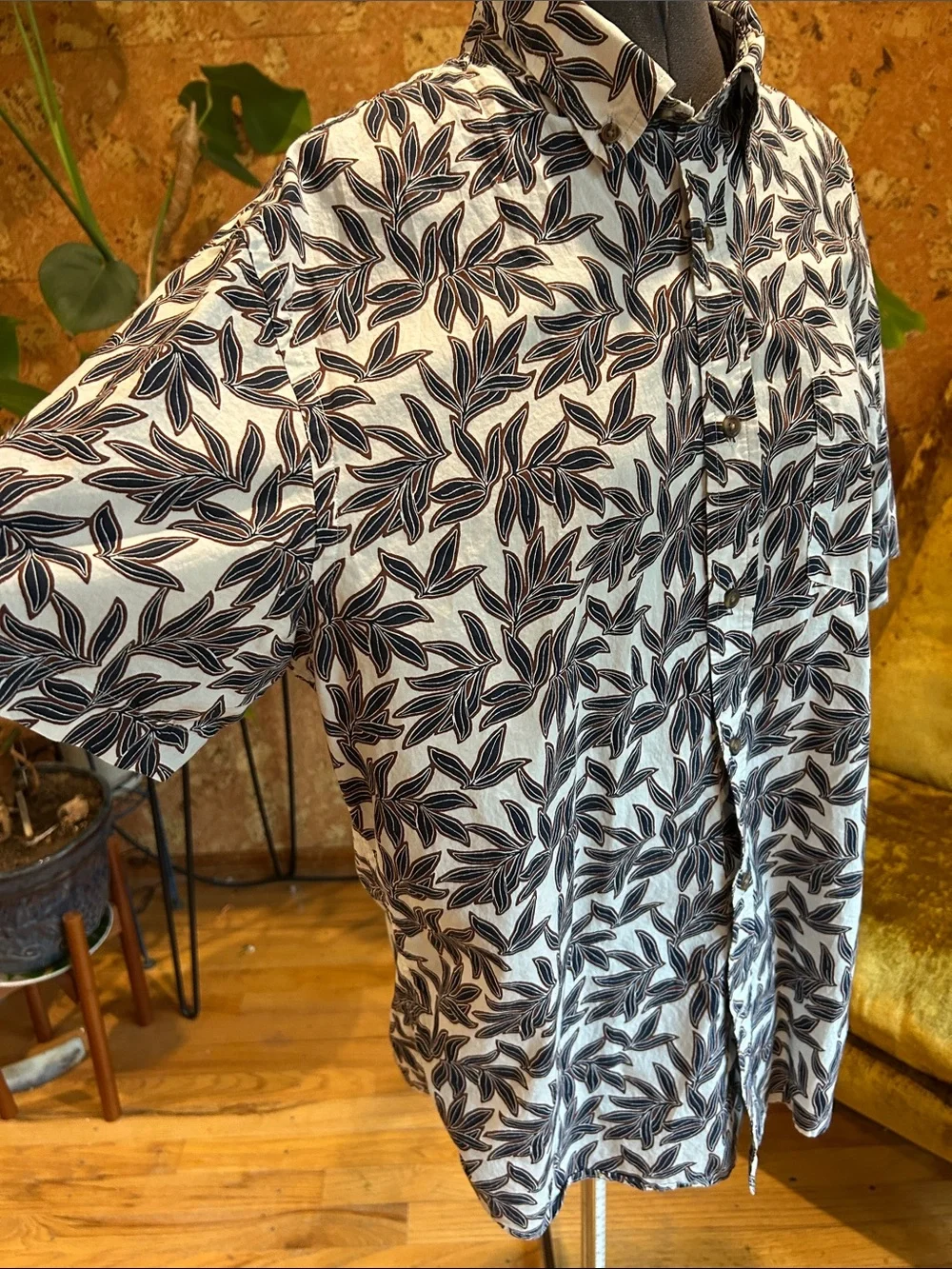 Banana Republic White Button-Up Shirt with Black Leaf Print